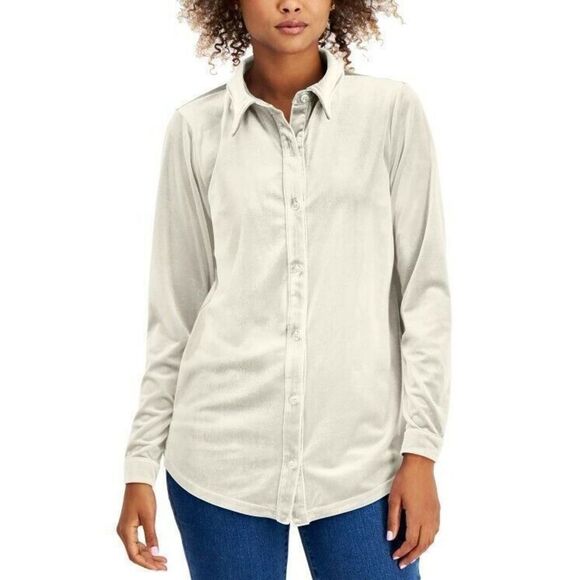 Charter Club Petite Velour Collared Button-Down Shirt Cloud PM - Picture 1 of 3